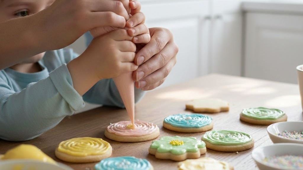 Child puts frosting on cookies with adult help