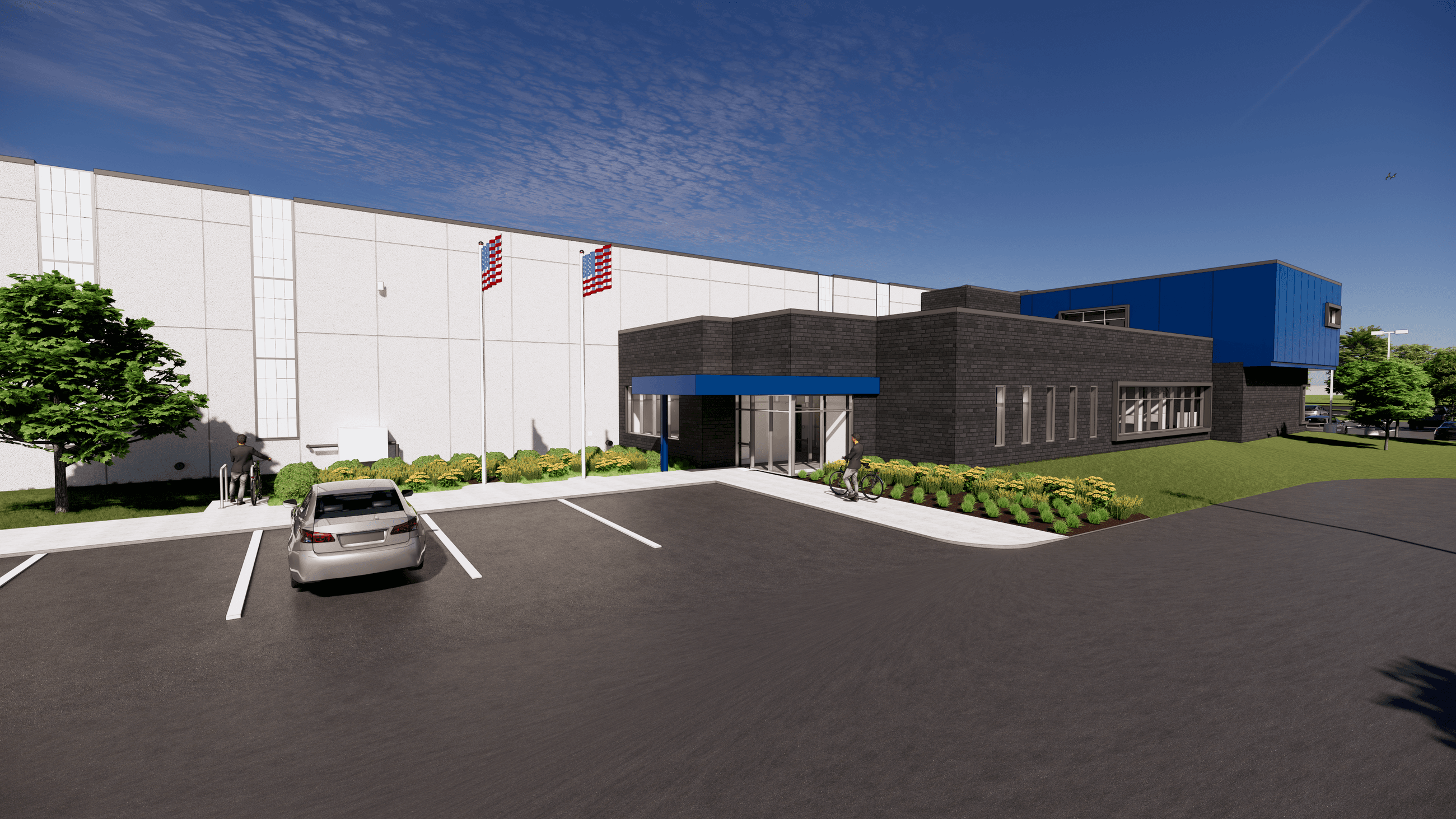 Rendering of building with white, gray brick and blue with front glass front entry, parking lot 