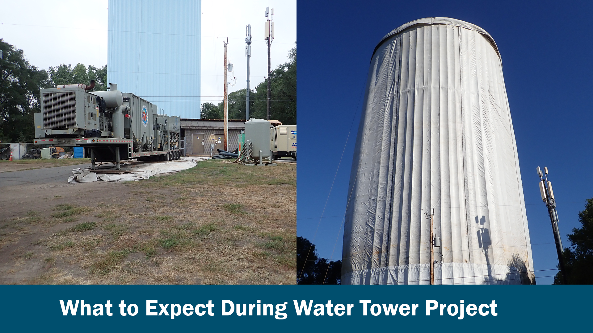 Graphic with design of water tower with green tree and hills with text "OAKDALE"